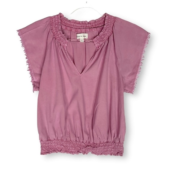 Cloth & Stone Smocked Top Sz S V Neck Frayed Sleeve Boho Feminine Pink - Picture 1 of 10